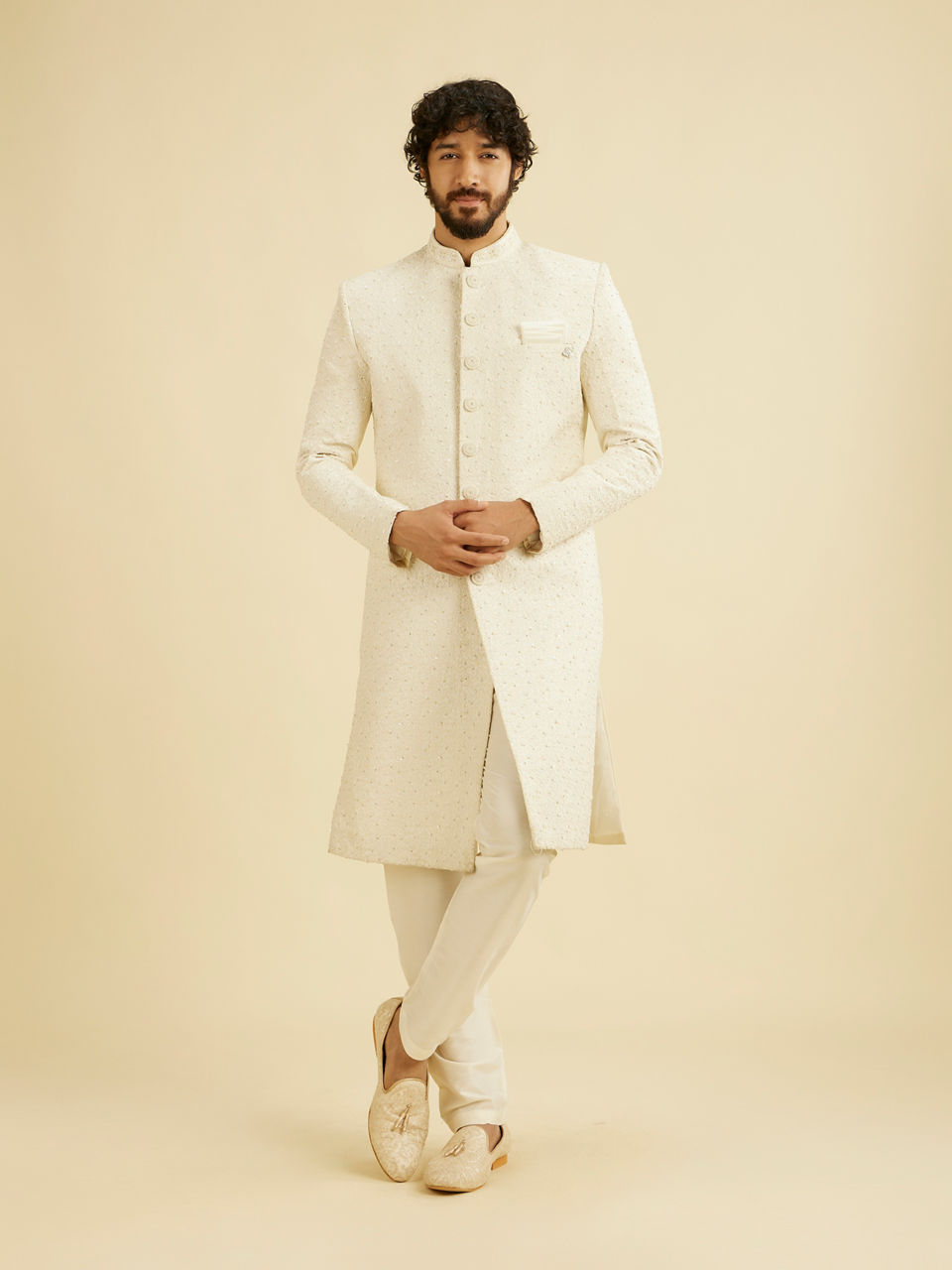 Manyavar Men Warm White Bel Buti Patterned Sherwani Set with Sequin Embellishment