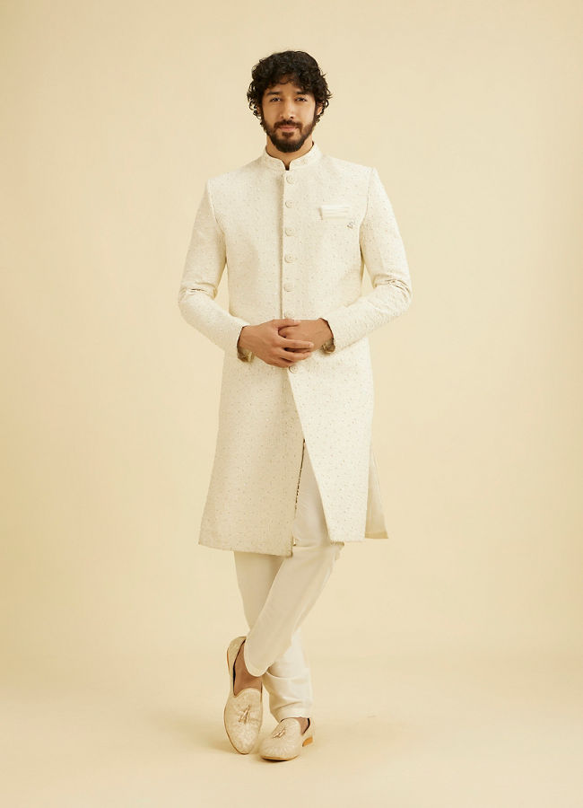 Manyavar Men Warm White Bel Buti Patterned Sherwani Set with Sequin Embellishment image number 2