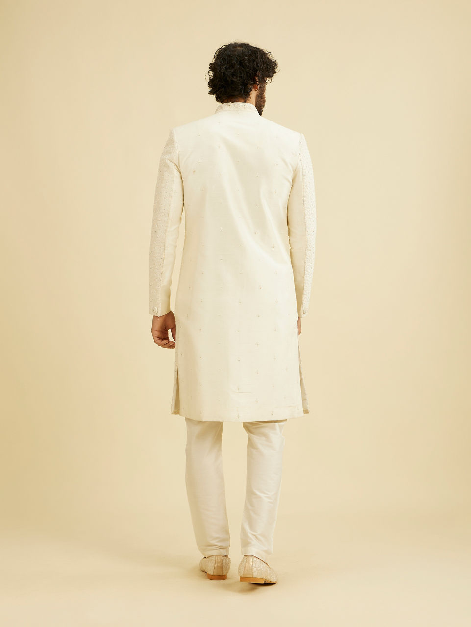 Manyavar Men Warm White Bel Buti Patterned Sherwani Set with Sequin Embellishment