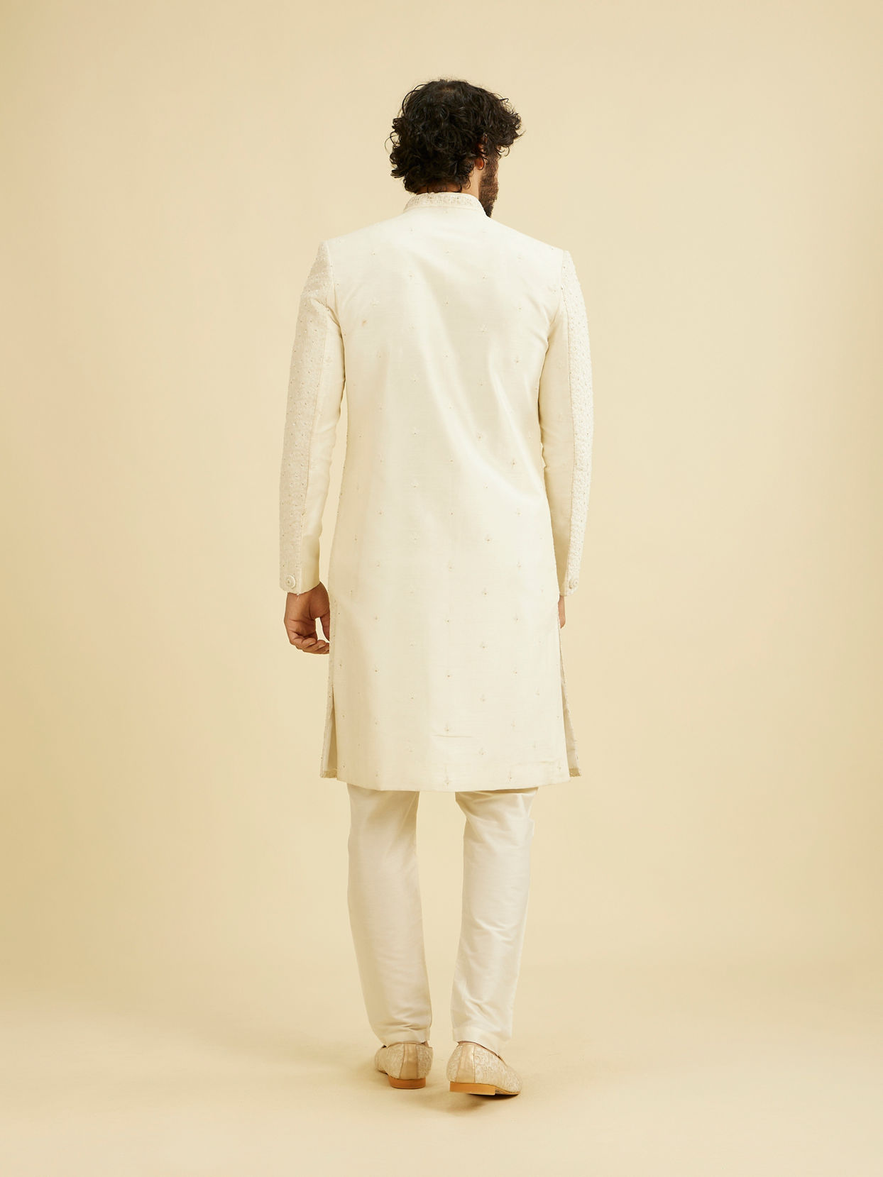 Manyavar Men Warm White Bel Buti Patterned Sherwani Set with Sequin Embellishment