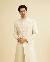 Manyavar Men Cream White Jaal Patterned Sherwani Set with Sequin Work