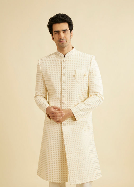 Manyavar Men Cream White Jaal Patterned Sherwani Set with Sequin Work