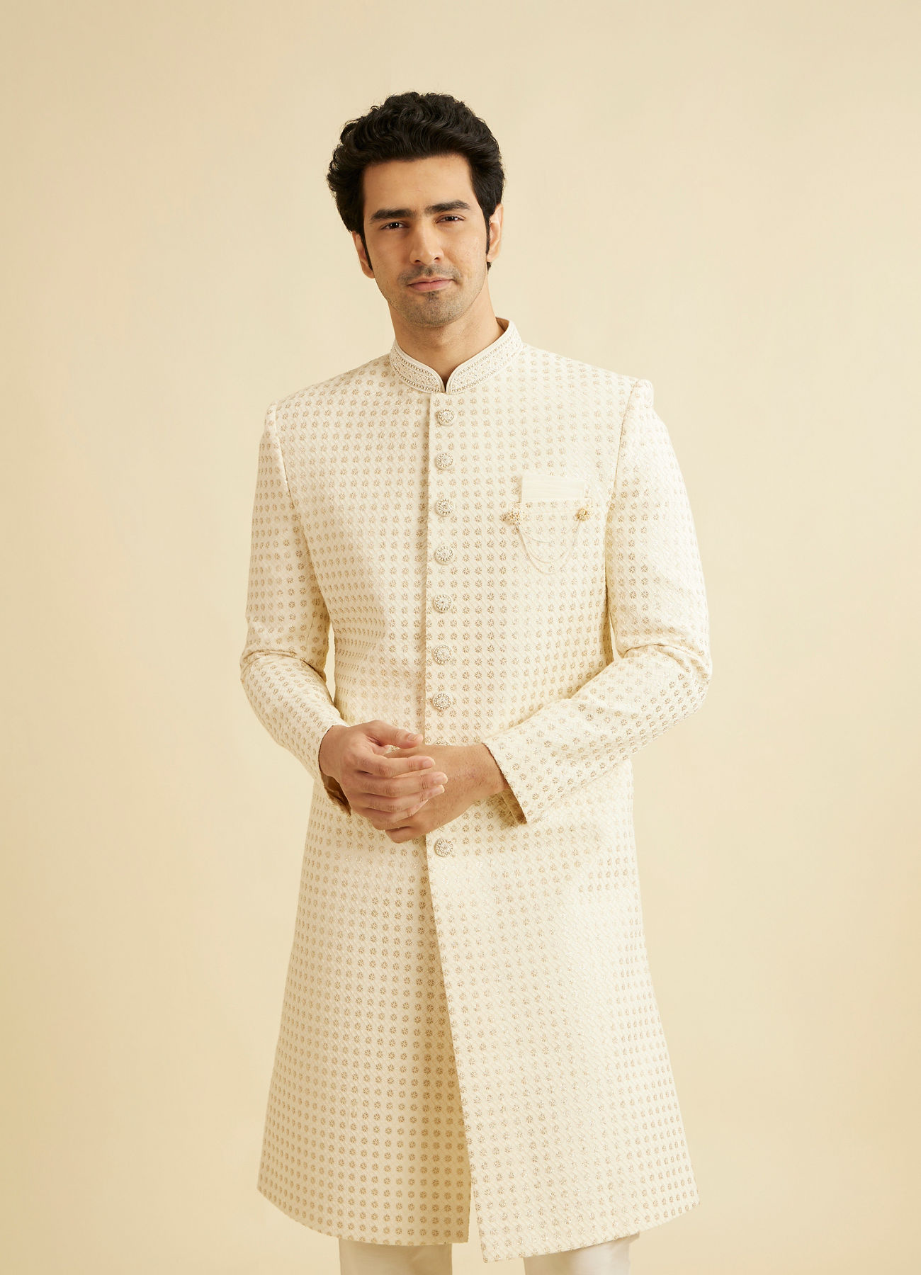 Manyavar Men Cream White Jaal Patterned Sherwani Set with Sequin Work