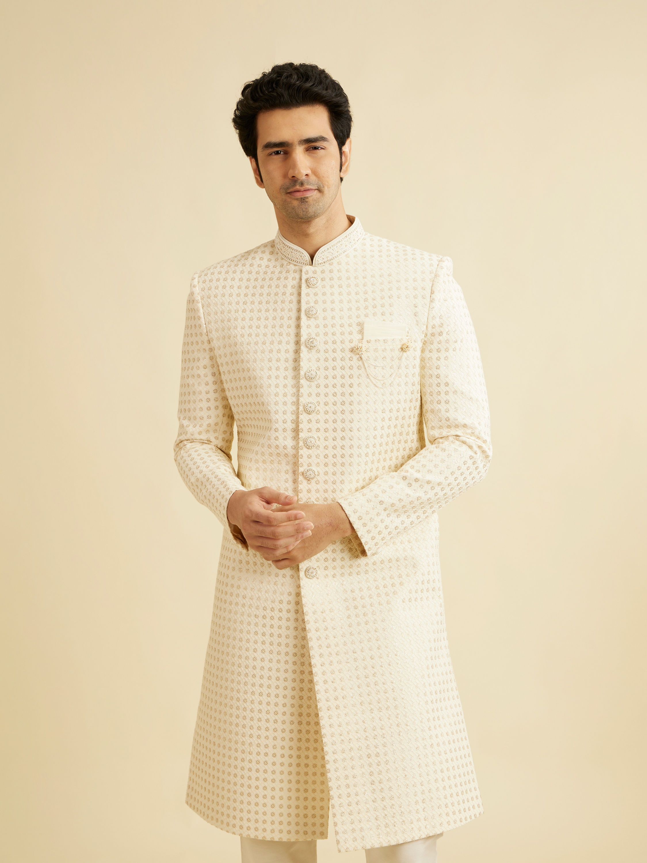 Manyavar Men Cream White Jaal Patterned Sherwani Set with Sequin Work