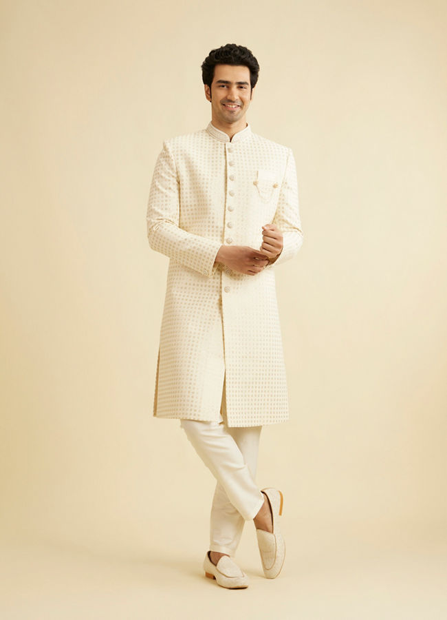 Manyavar Men Cream White Jaal Patterned Sherwani Set with Sequin Work