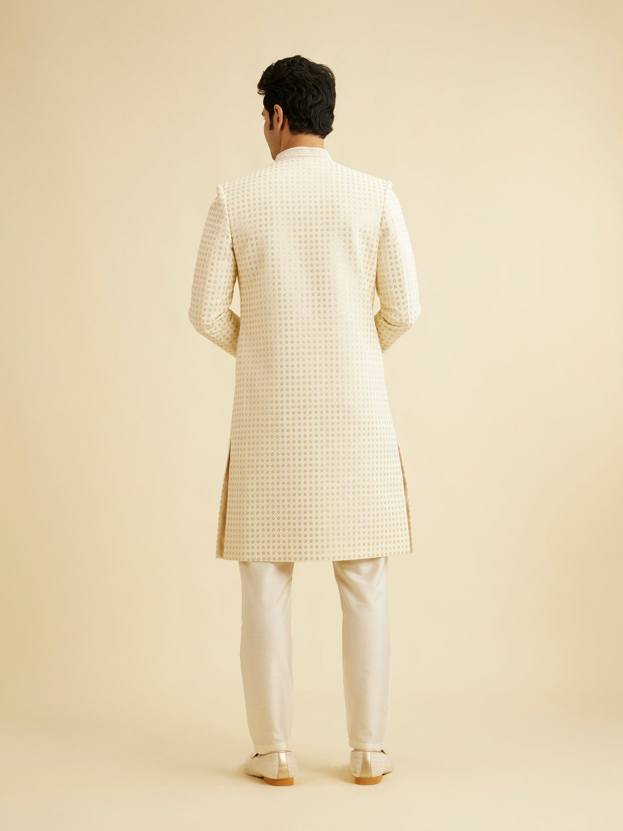 Manyavar Men Cream White Jaal Patterned Sherwani Set with Sequin Work