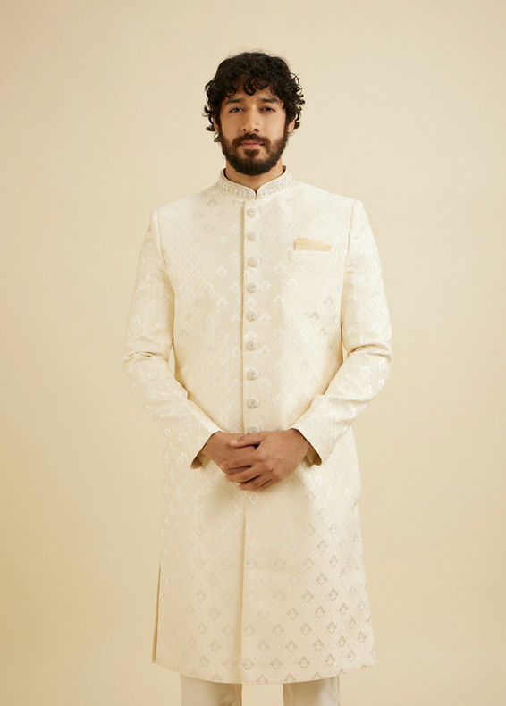 Manyavar Men Cream Pink Floral Buta Jaal Patterned Sherwani Set