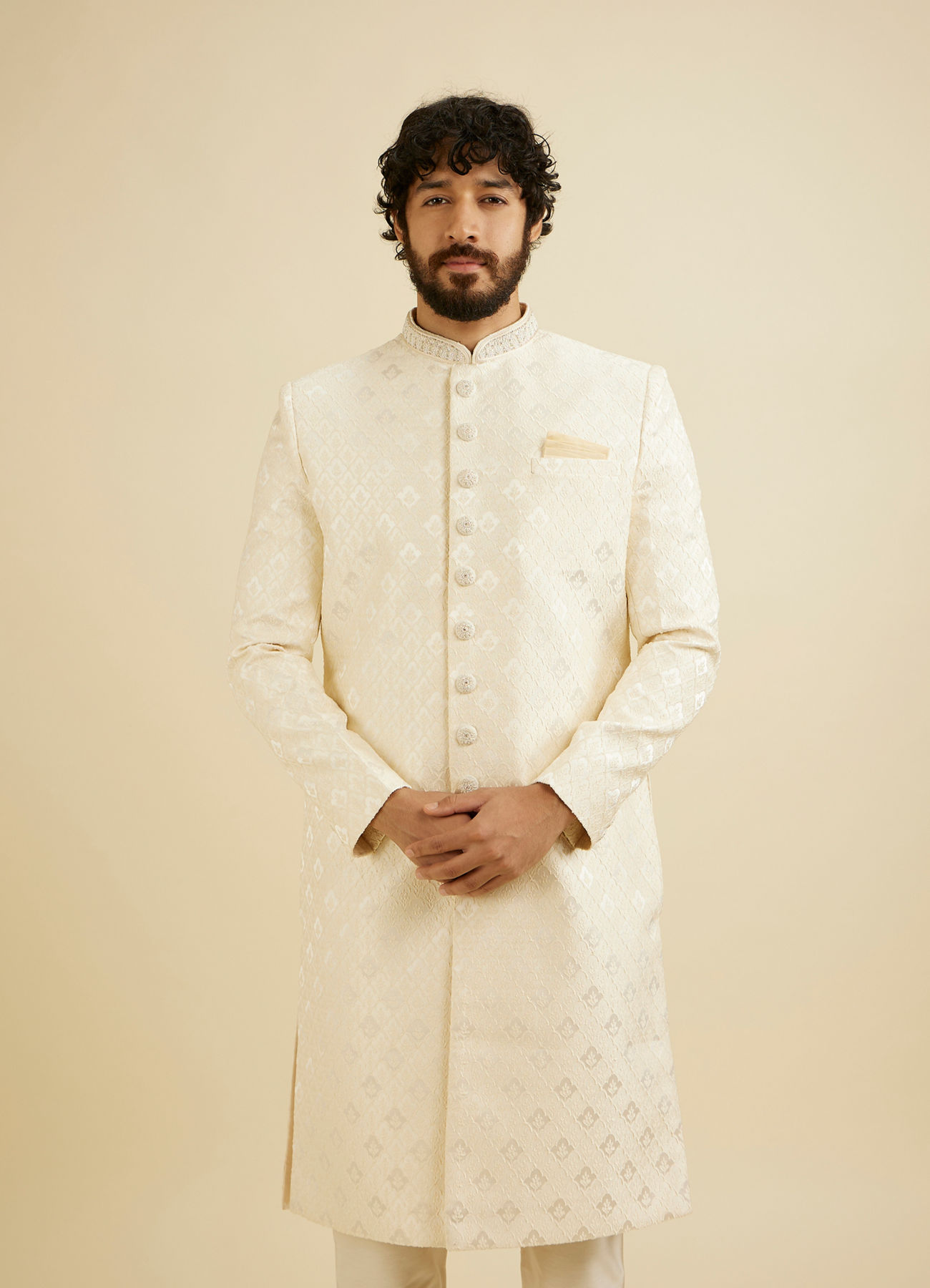 Manyavar Men Cream Pink Floral Buta Jaal Patterned Sherwani Set