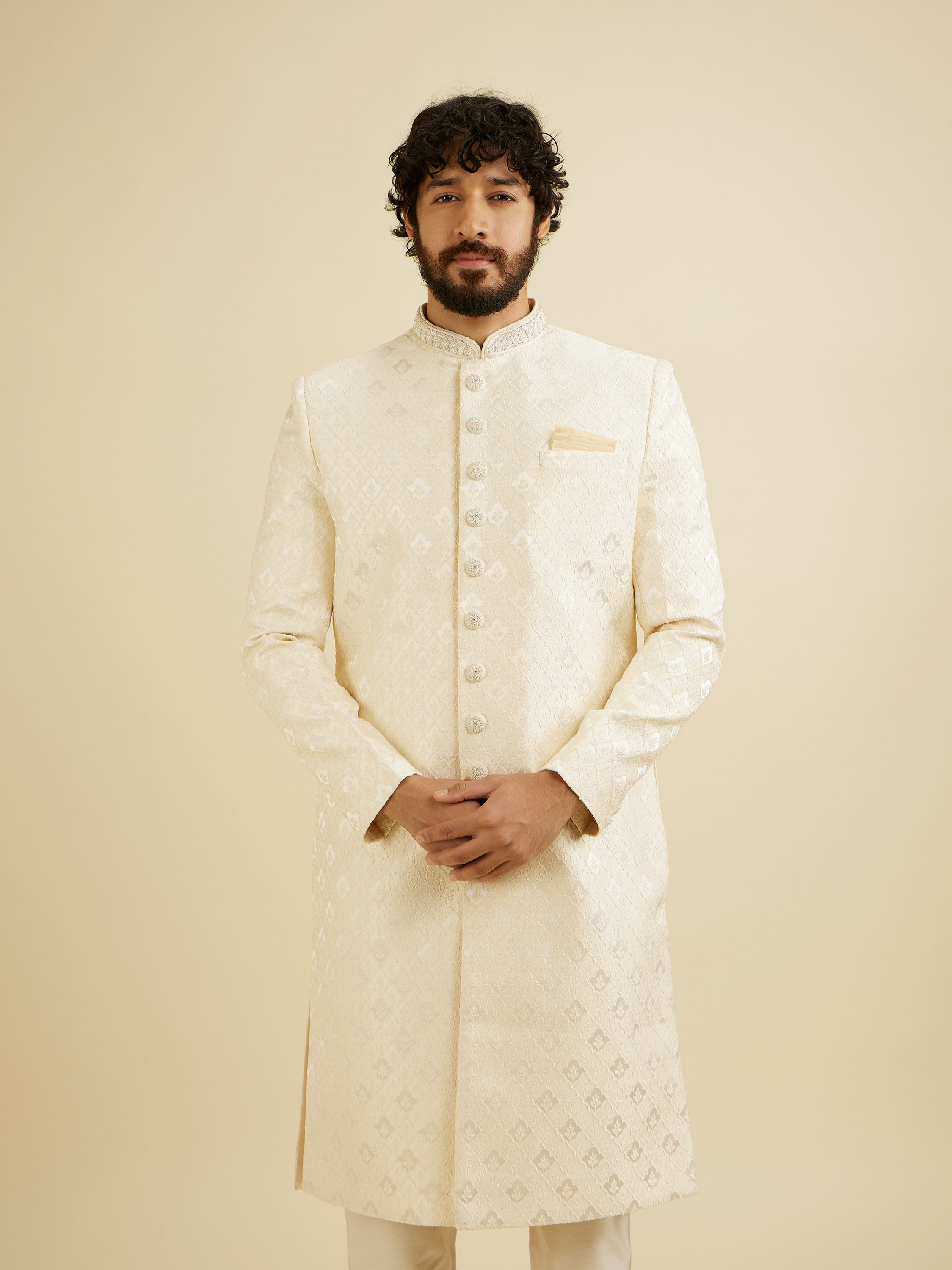 Manyavar Men Cream Pink Floral Buta Jaal Patterned Sherwani Set