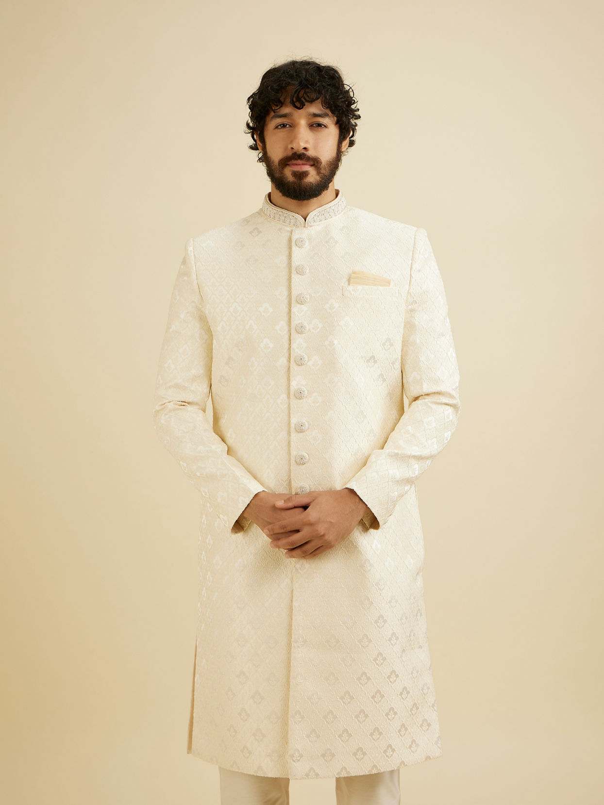 Manyavar Men Cream Pink Floral Buta Jaal Patterned Sherwani Set image number 0