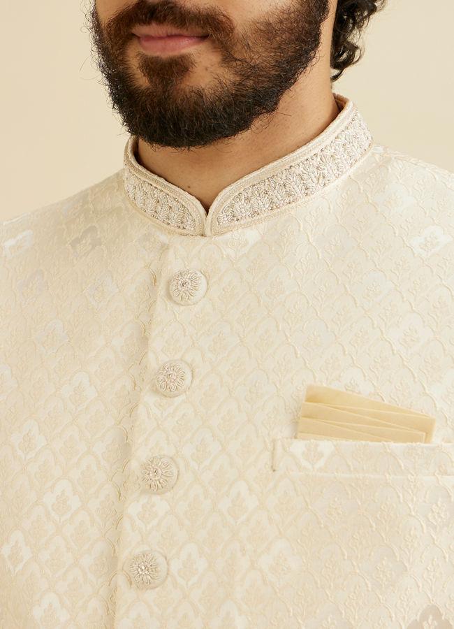 Manyavar Men Cream Pink Floral Buta Jaal Patterned Sherwani Set