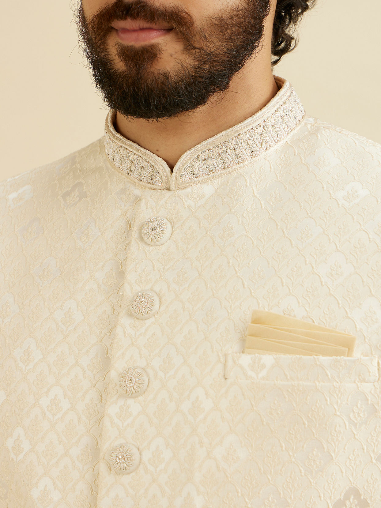 Manyavar Men Cream Pink Floral Buta Jaal Patterned Sherwani Set