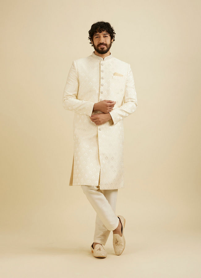Manyavar Men Cream Pink Floral Buta Jaal Patterned Sherwani Set