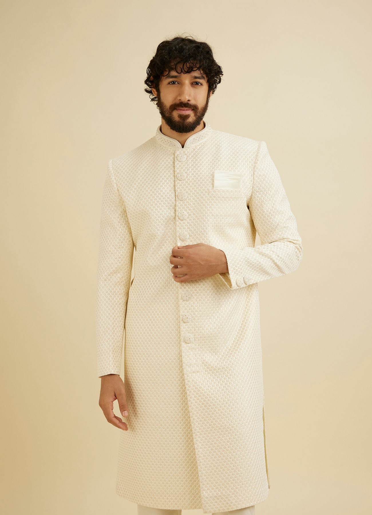 Manyavar Men Cream White Buta Jaal Patterned Sherwani Set