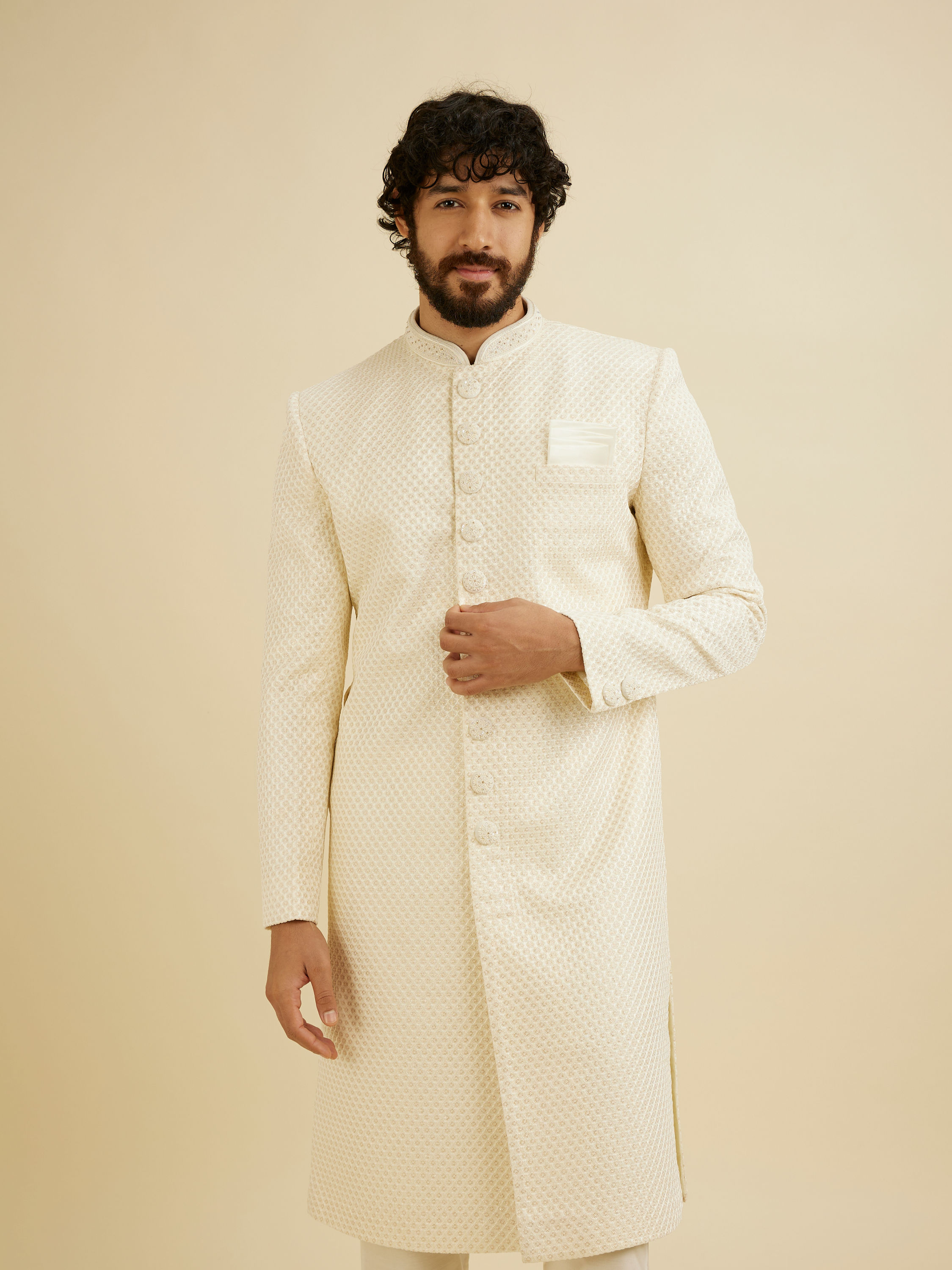 Manyavar Men Cream White Buta Jaal Patterned Sherwani Set