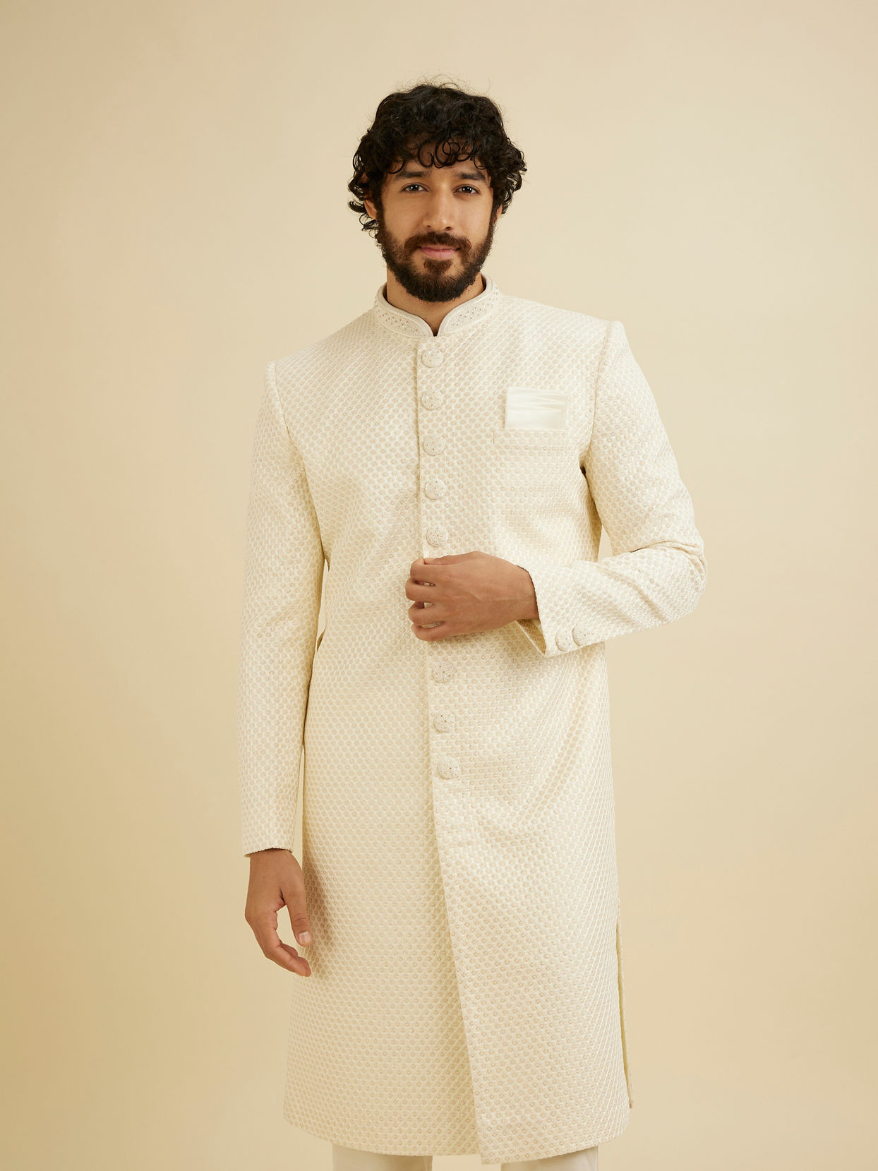 Manyavar Men Cream White Buta Jaal Patterned Sherwani Set image number 0