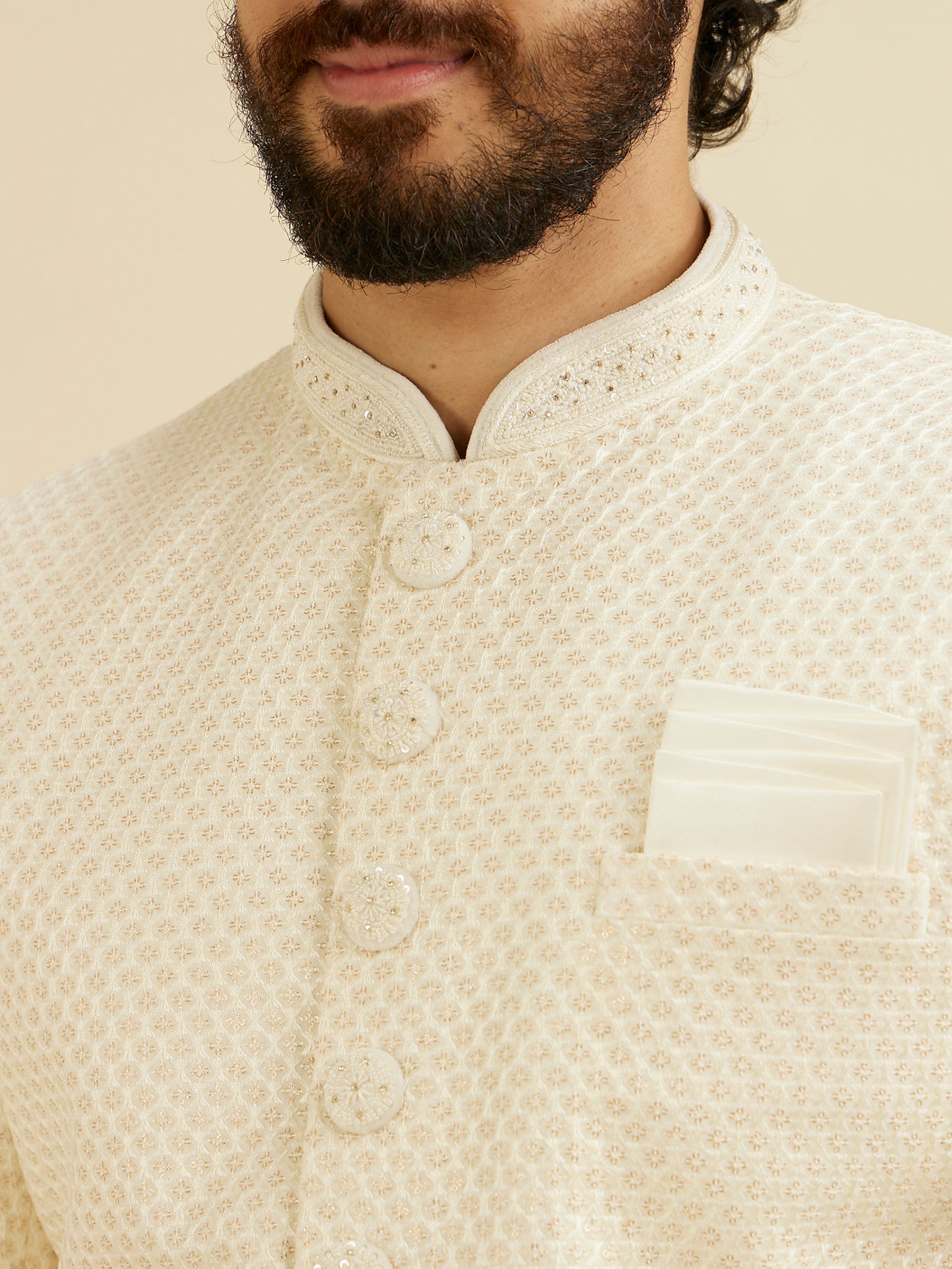 Manyavar Men Cream White Buta Jaal Patterned Sherwani Set