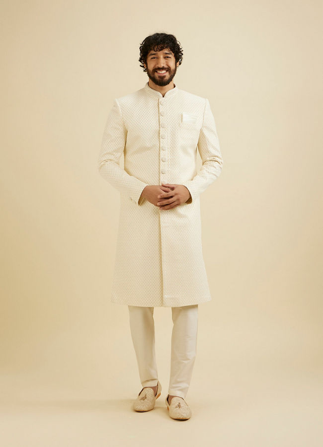 Manyavar Men Cream White Buta Jaal Patterned Sherwani Set