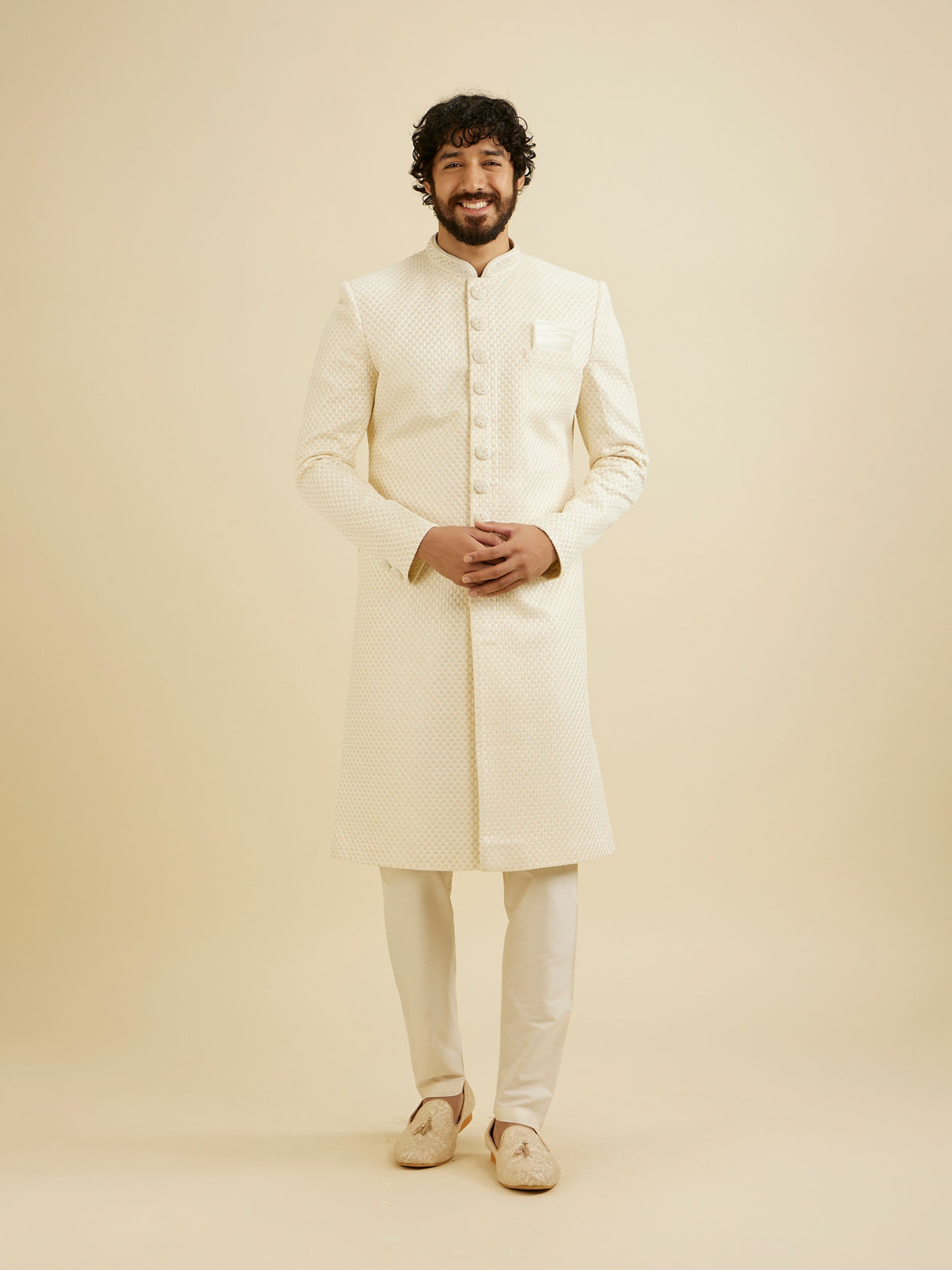 Manyavar Men Cream White Buta Jaal Patterned Sherwani Set