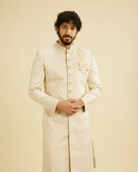 Manyavar Men Cream Beige Jaal Leaf Patterned Sherwani Set with Sequin Work