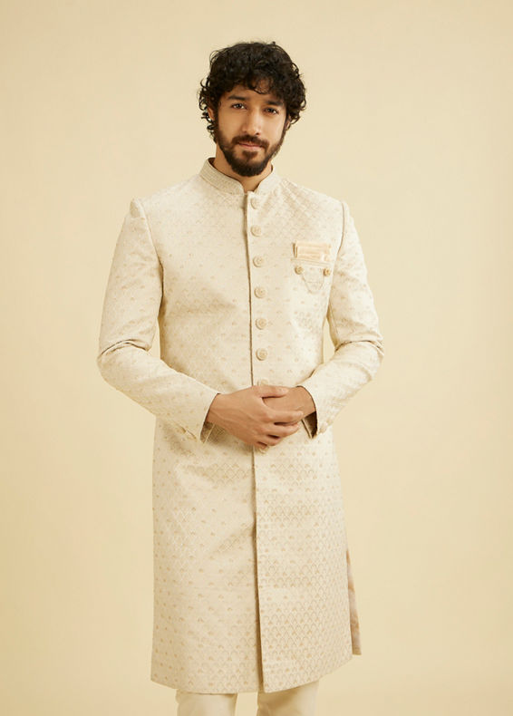 Manyavar Men Cream Beige Jaal Leaf Patterned Sherwani Set with Sequin Work