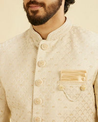 Manyavar Men Cream Beige Jaal Leaf Patterned Sherwani Set with Sequin Work