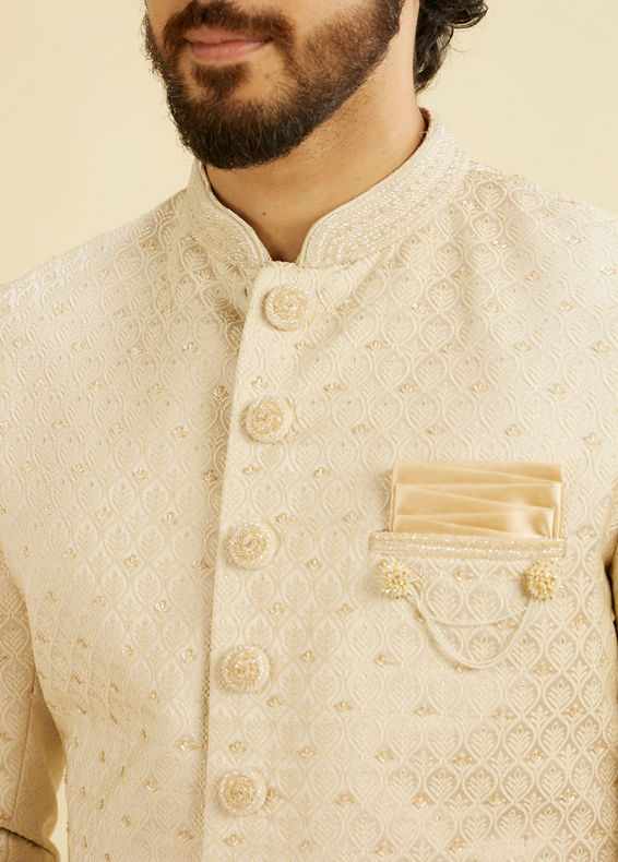 Manyavar Men Cream Beige Jaal Leaf Patterned Sherwani Set with Sequin Work