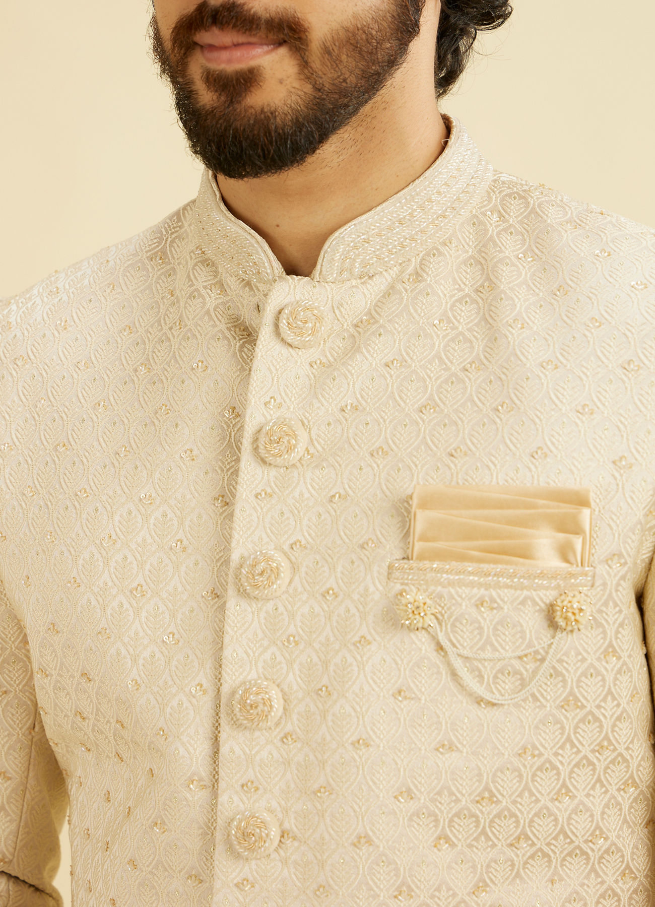 Manyavar Men Cream Beige Jaal Leaf Patterned Sherwani Set with Sequin Work