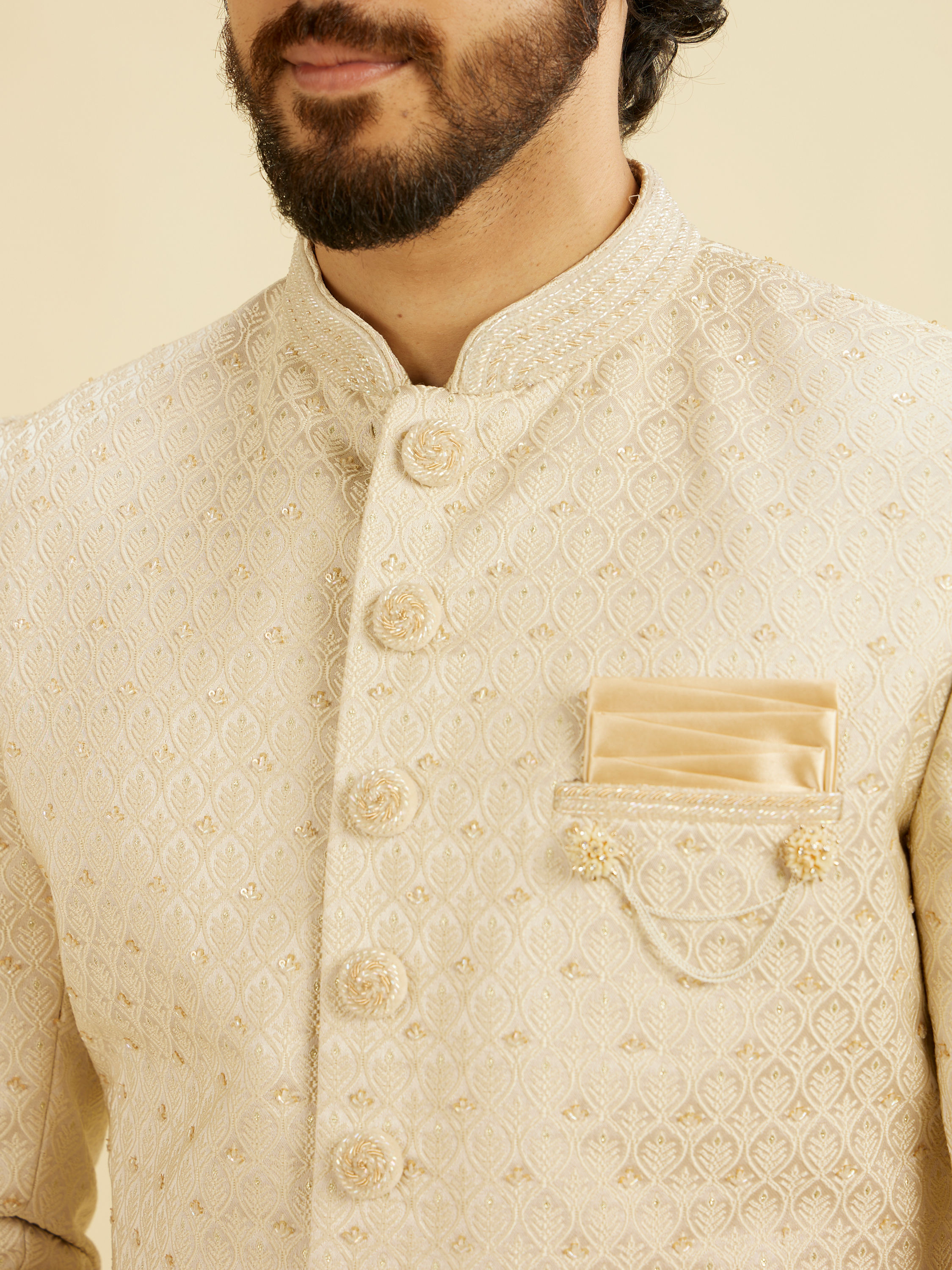 Manyavar Men Cream Beige Jaal Leaf Patterned Sherwani Set with Sequin Work