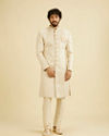 Manyavar Men Cream Beige Jaal Leaf Patterned Sherwani Set with Sequin Work