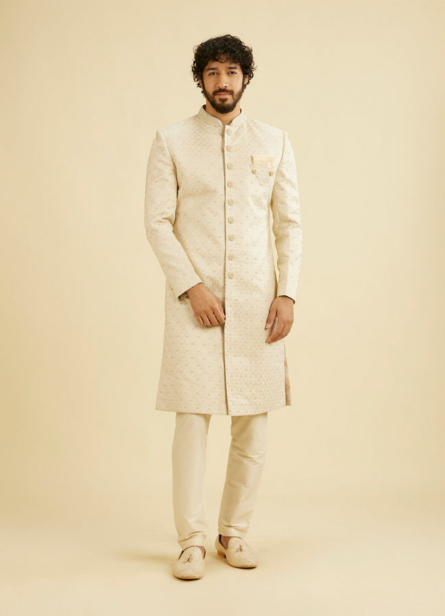 Manyavar Men Cream Beige Jaal Leaf Patterned Sherwani Set with Sequin Work