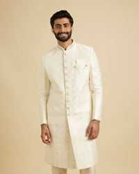 Manyavar Men Warm White Mirror Embellished Sherwani Set with Leaf Motifs