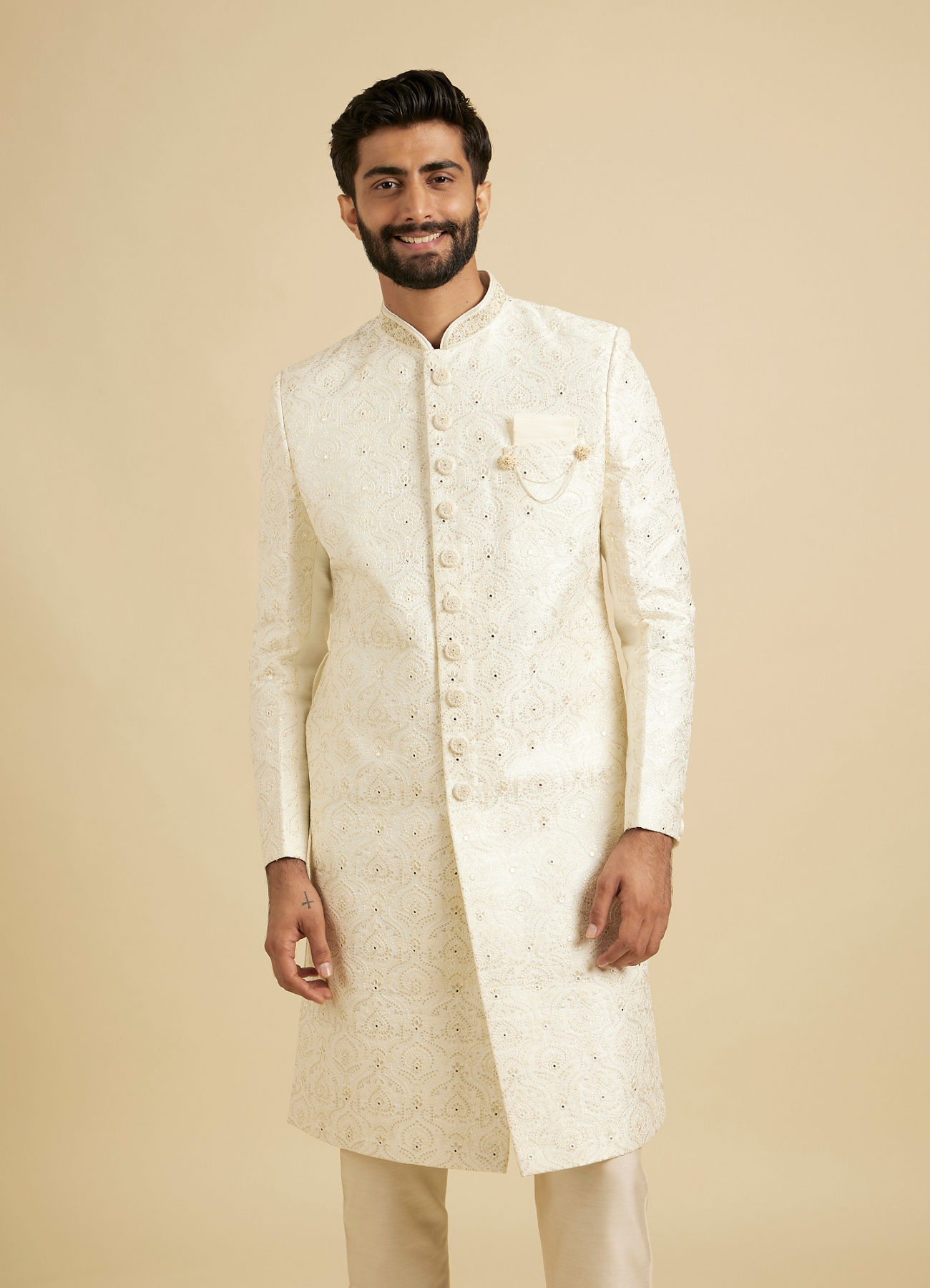 Manyavar Men Warm White Mirror Embellished Sherwani Set with Leaf Motifs