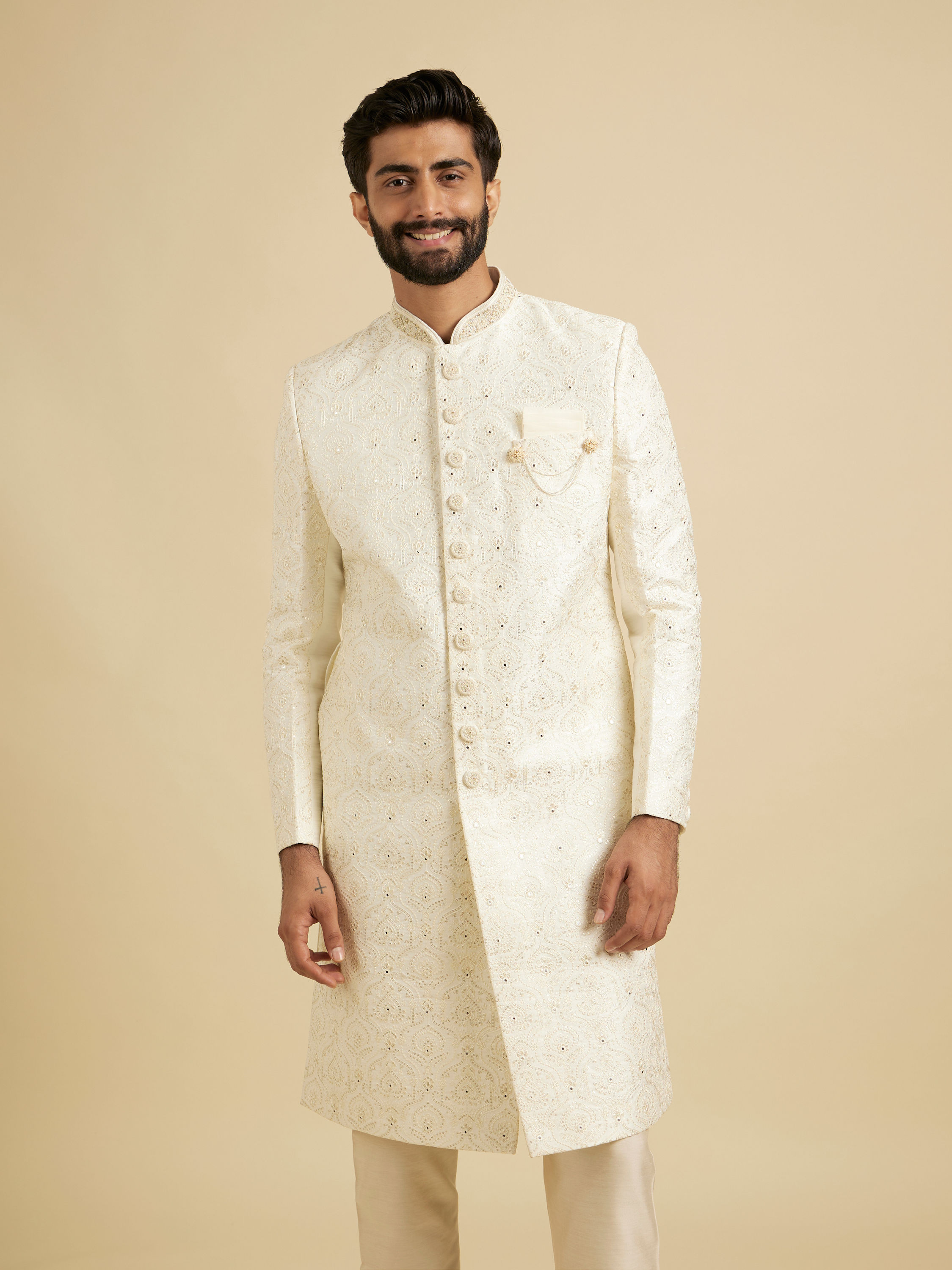 Manyavar Men Warm White Mirror Embellished Sherwani Set with Leaf Motifs