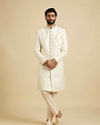 Manyavar Men Warm White Mirror Embellished Sherwani Set with Leaf Motifs