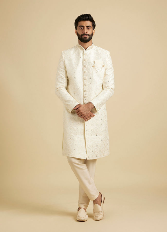 Manyavar Men Warm White Mirror Embellished Sherwani Set with Leaf Motifs