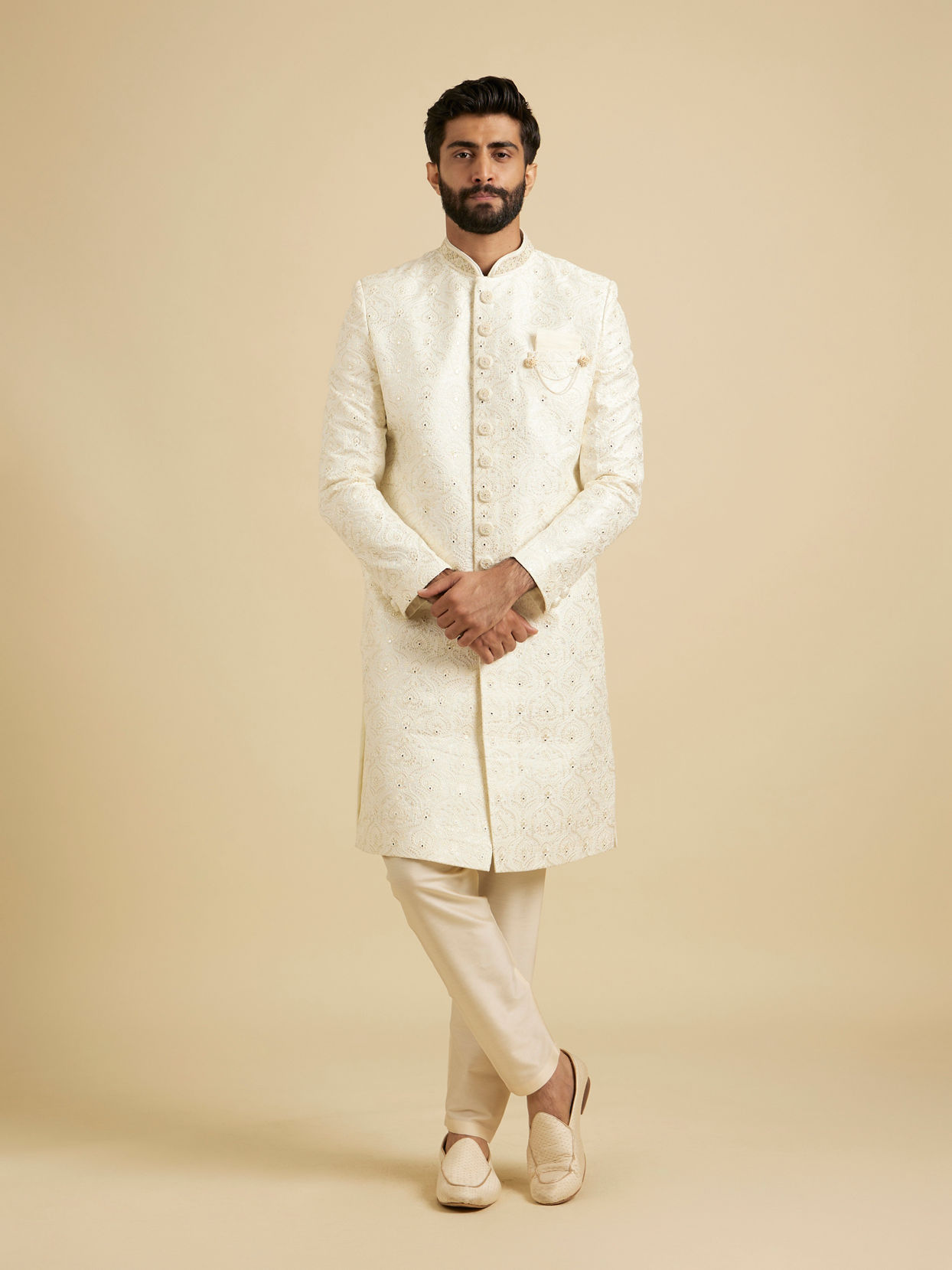 Manyavar Men Warm White Mirror Embellished Sherwani Set with Leaf Motifs