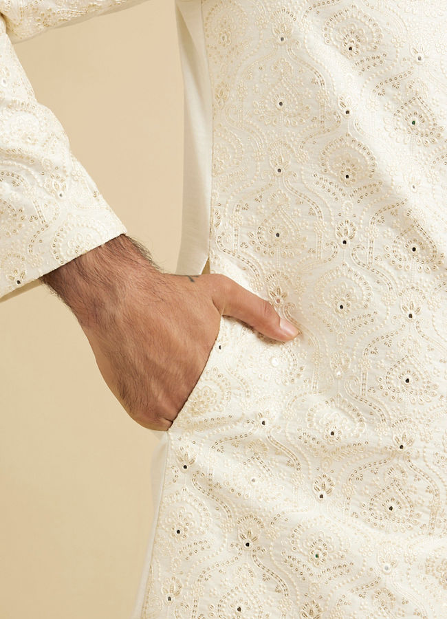 Manyavar Men Warm White Mirror Embellished Sherwani Set with Leaf Motifs