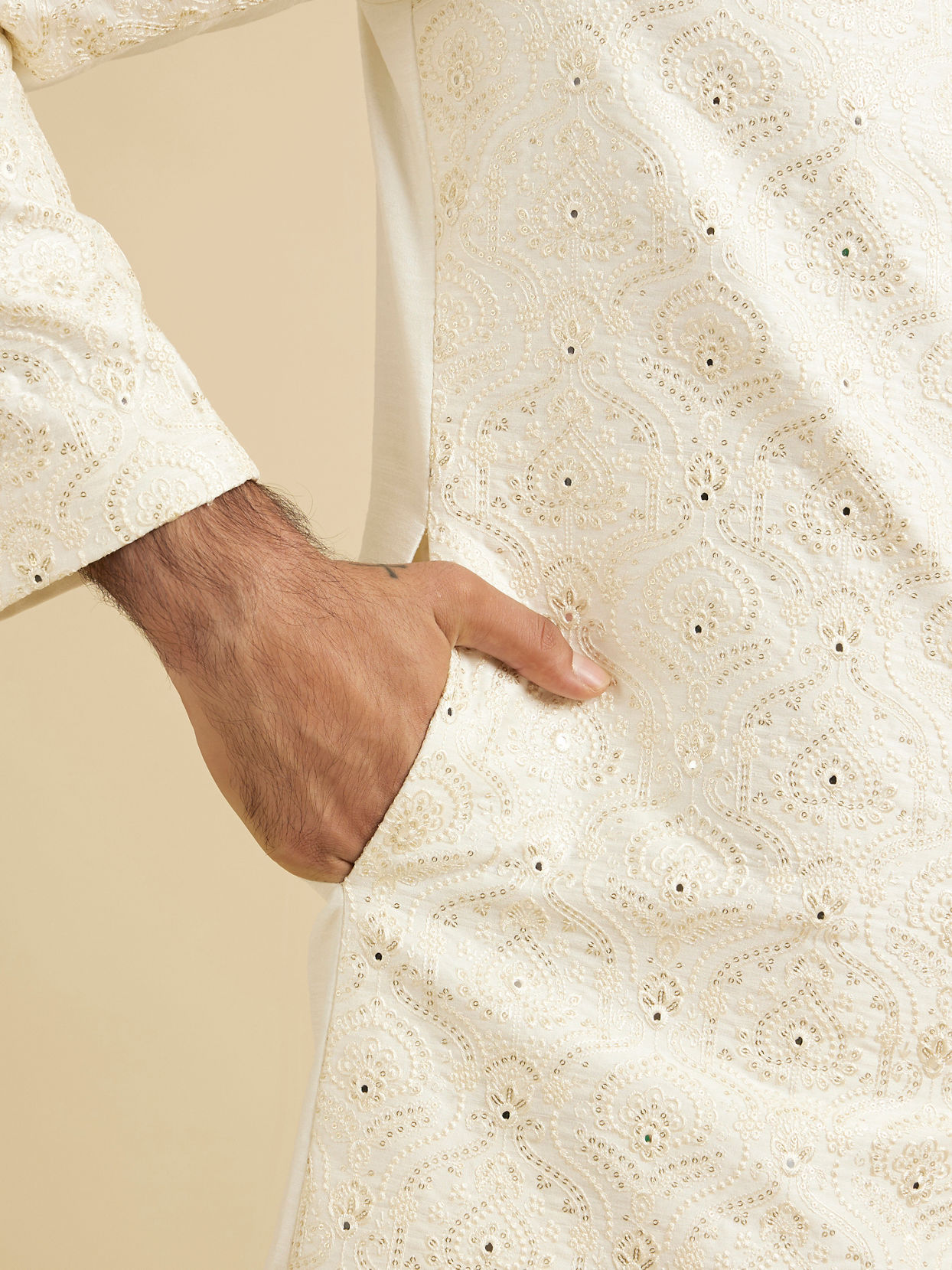 Manyavar Men Warm White Mirror Embellished Sherwani Set with Leaf Motifs