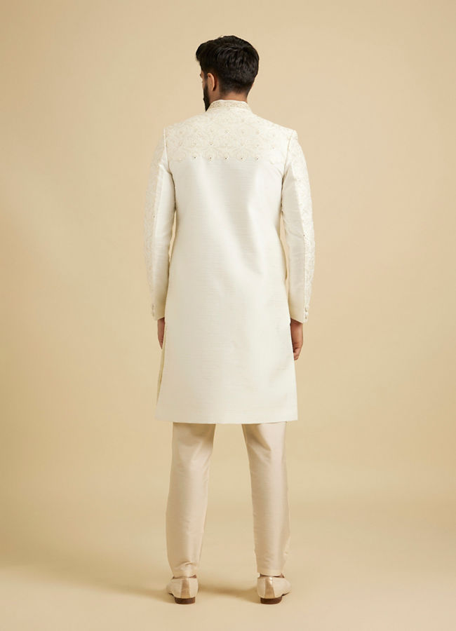 Manyavar Men Warm White Mirror Embellished Sherwani Set with Leaf Motifs