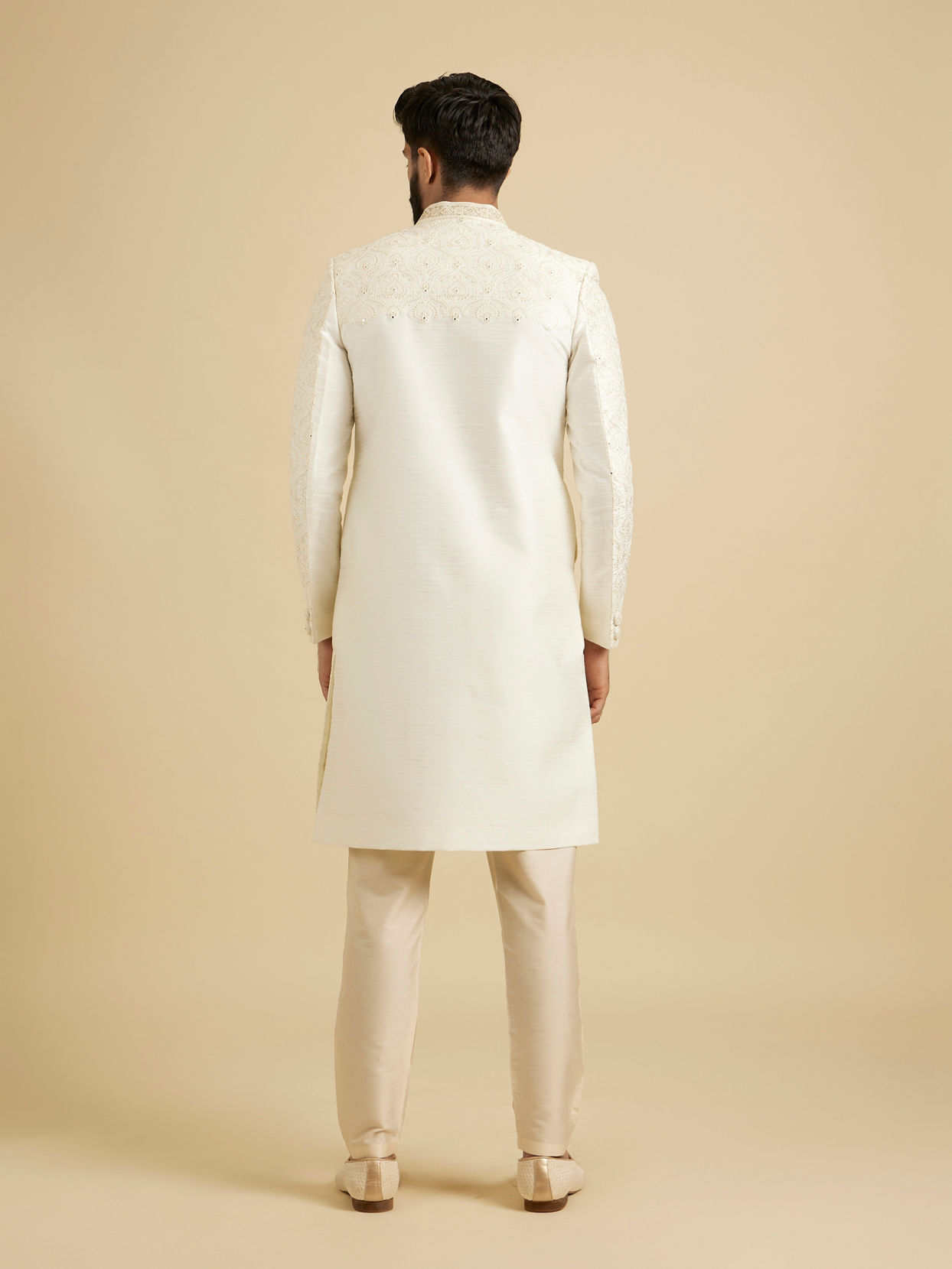 Manyavar Men Warm White Mirror Embellished Sherwani Set with Leaf Motifs