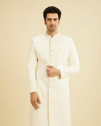 Manyavar Men Cream White Honeycomb Patterned Sherwani Set with Sequin Work