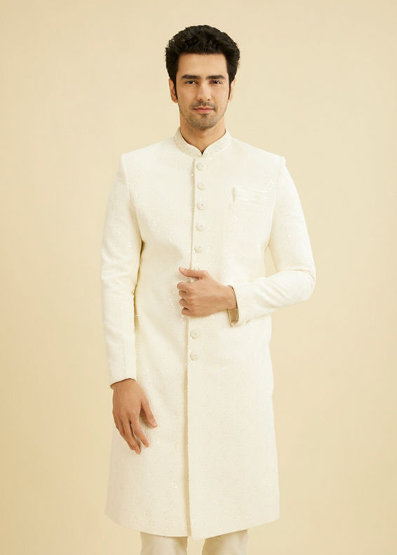 Manyavar Men Cream White Honeycomb Patterned Sherwani Set with Sequin Work