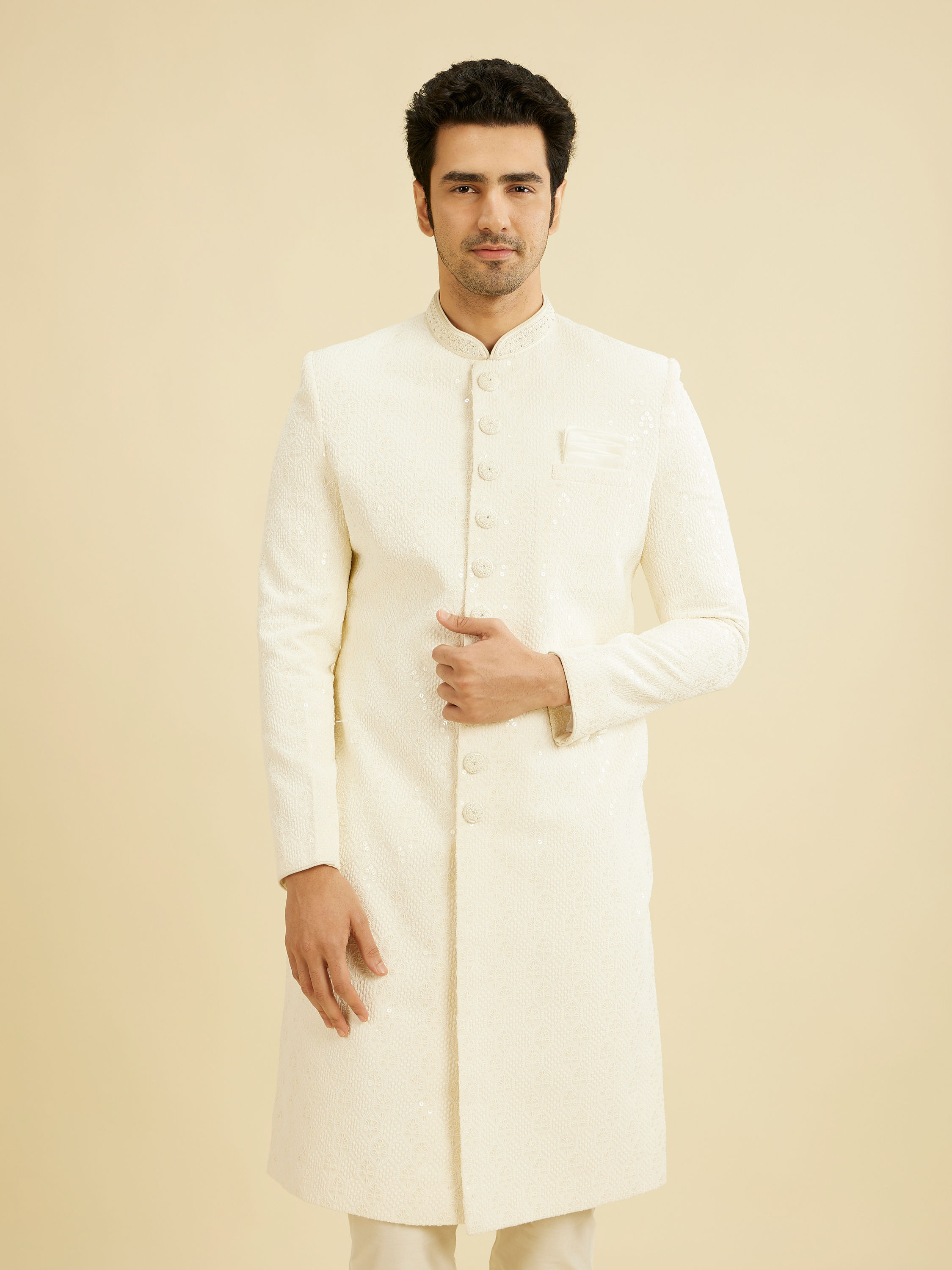 Manyavar Men Cream White Honeycomb Patterned Sherwani Set with Sequin Work