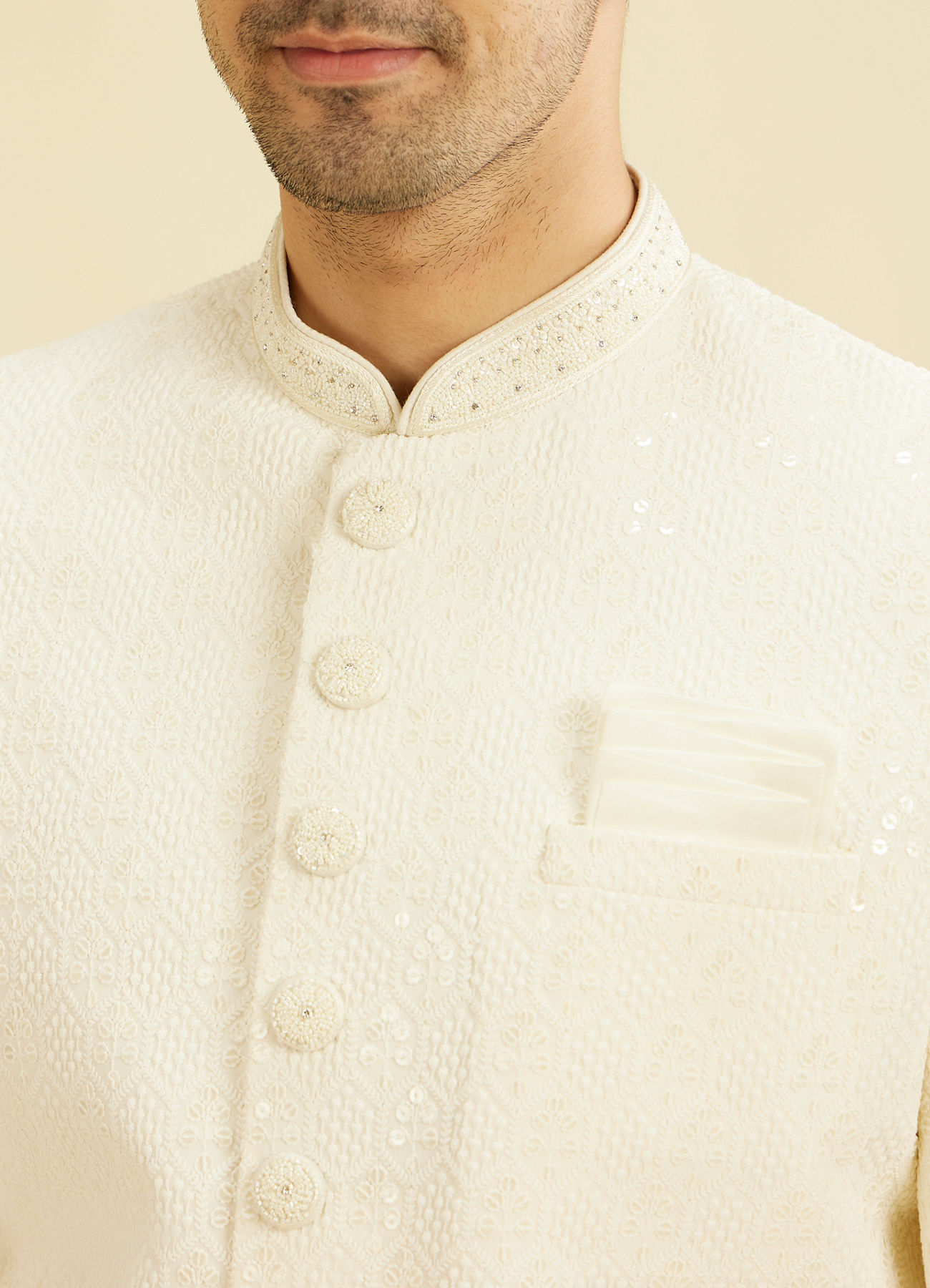 Manyavar Men Cream White Honeycomb Patterned Sherwani Set with Sequin Work