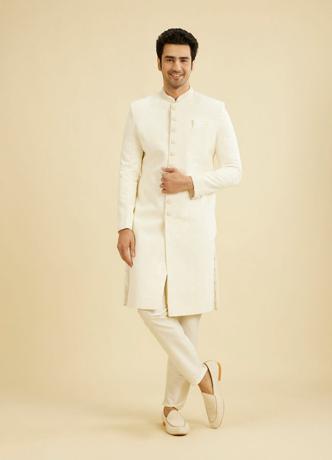 Manyavar Men Cream White Honeycomb Patterned Sherwani Set with Sequin Work