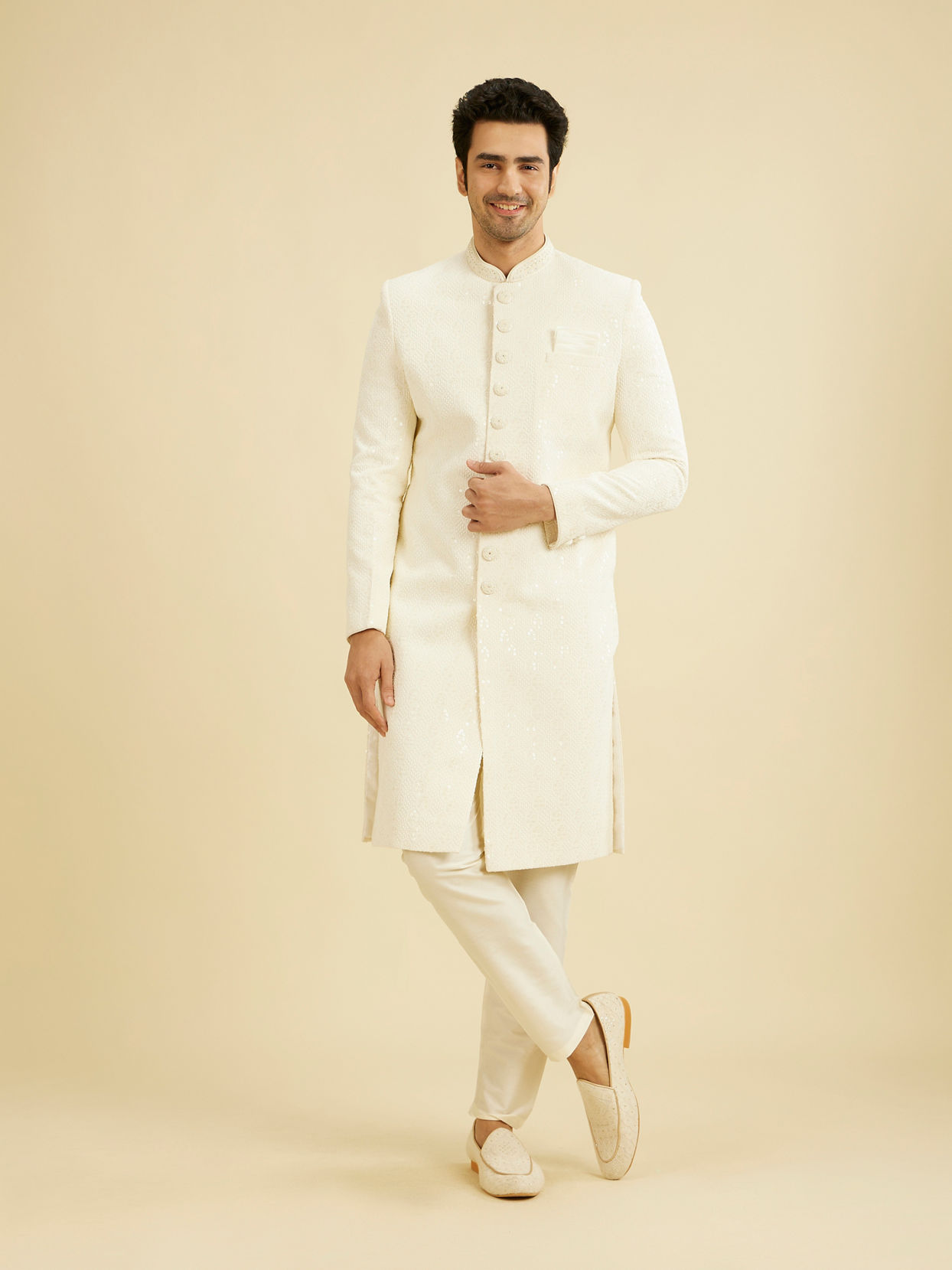 Manyavar Men Cream White Honeycomb Patterned Sherwani Set with Sequin Work