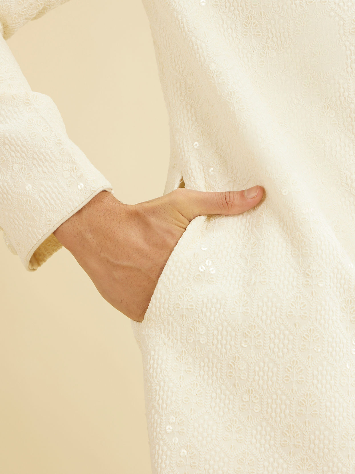 Manyavar Men Cream White Honeycomb Patterned Sherwani Set with Sequin Work