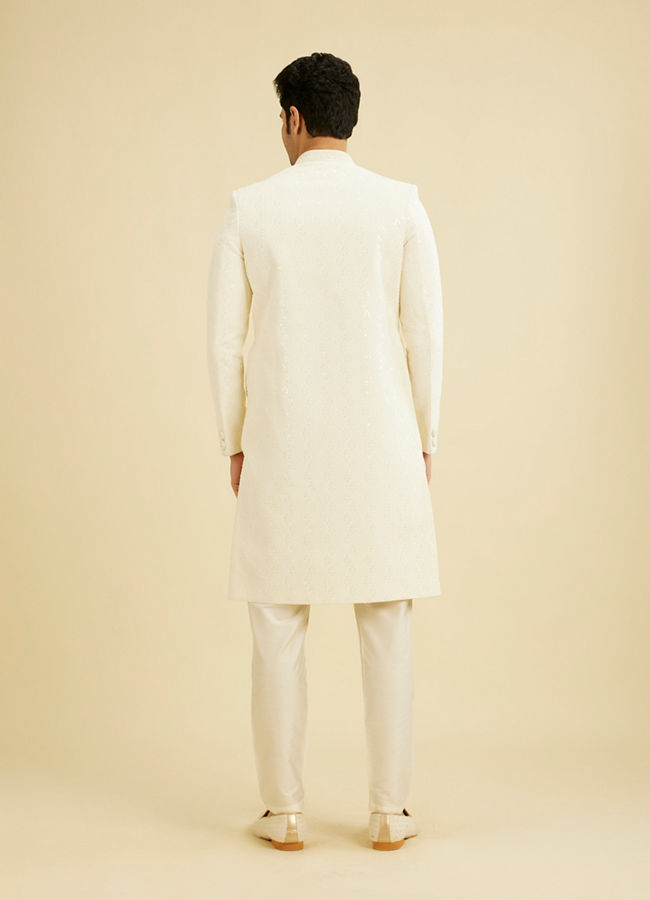 Manyavar Men Cream White Honeycomb Patterned Sherwani Set with Sequin Work