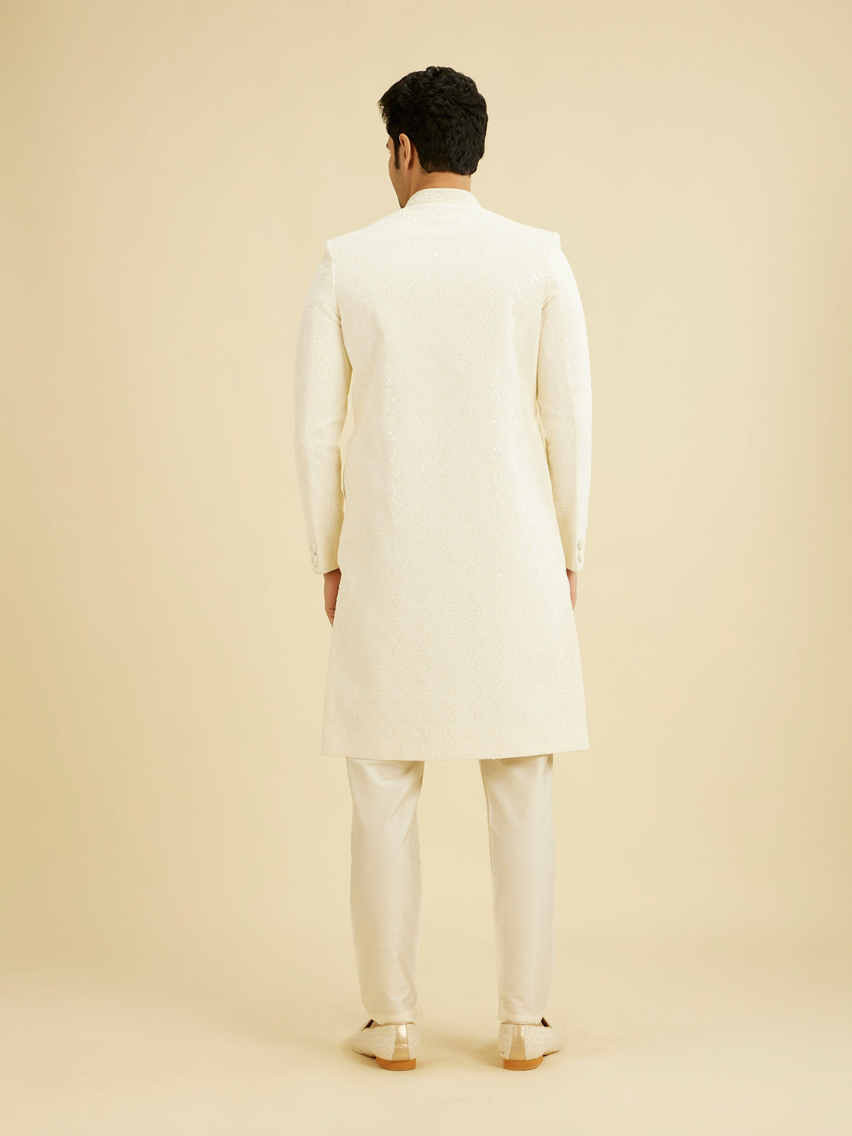 Manyavar Men Cream White Honeycomb Patterned Sherwani Set with Sequin Work